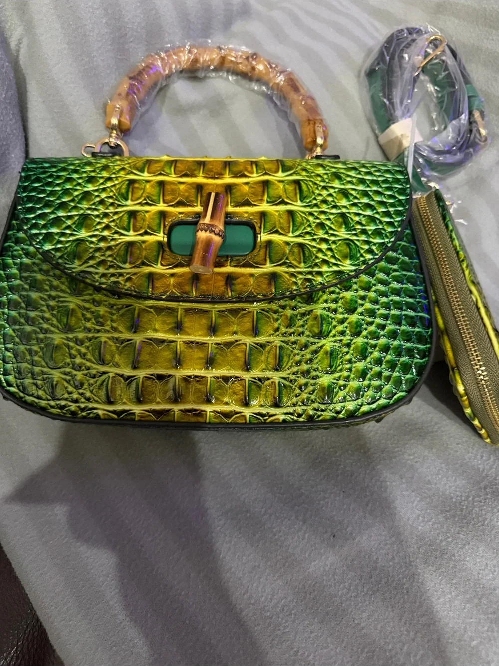Iridescent Green Croc-Embossed Top-Handle Satchel